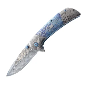7.75" Titanium & Damascus Folding Knife - Image 4